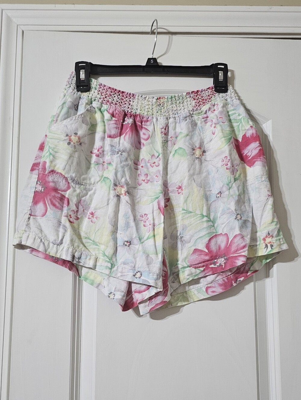 Anna Floral High Waist Shorts - White with Pink & Green